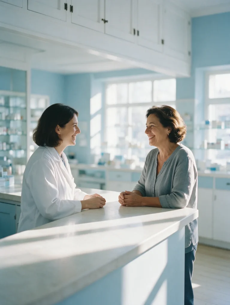 Farmacêutica de jaleco conversa e sorri com uma cliente no balcão de uma farmácia iluminada