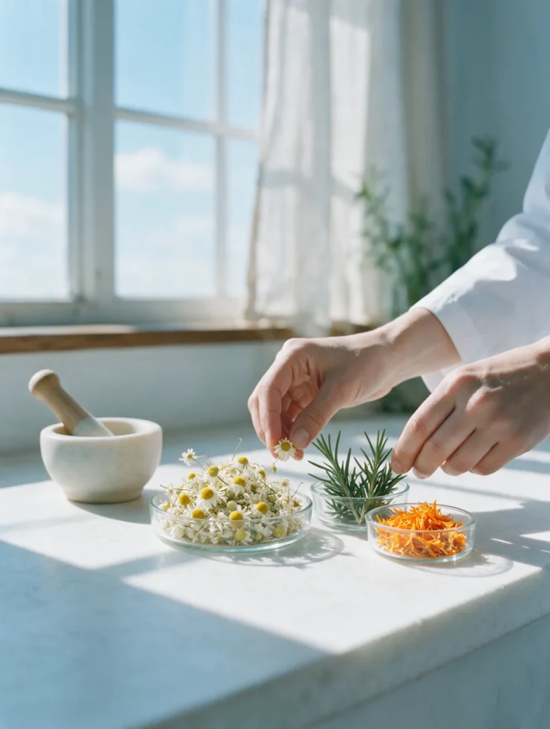 Mãos de farmacêutica organizam flores secas de camomila, alecrim e calêndula em pequenos recipientes de vidro
