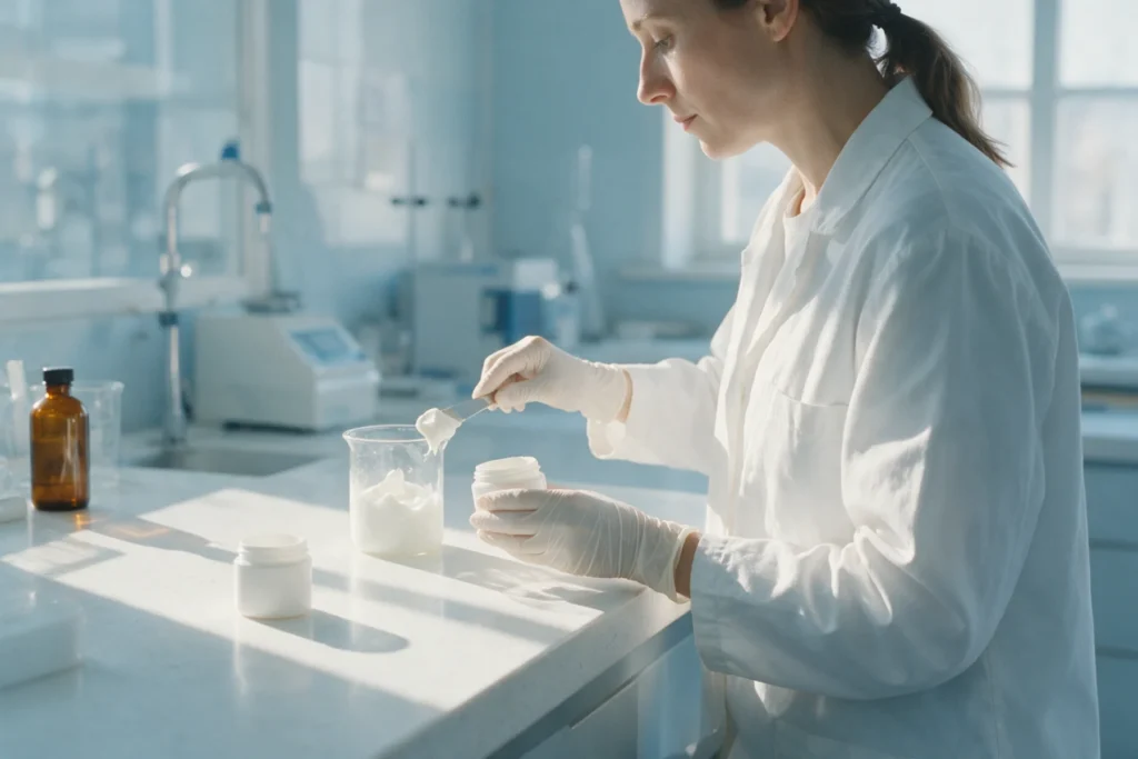Farmacêutica de jaleco e luvas transfere um creme branco para um pote, em uma bancada clara