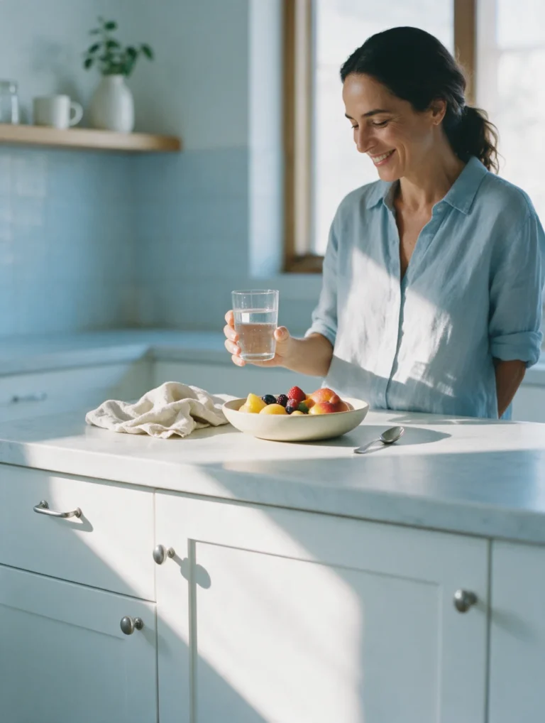 Mulher sorri segurando um copo de água em uma cozinha clara, pela manhã
