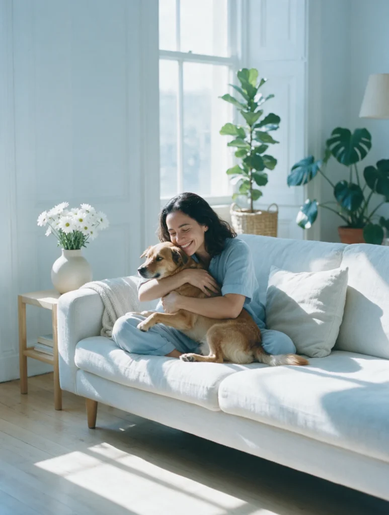 Mulher abraça um cachorro caramelo no sofá de uma sala iluminada